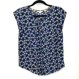 BODEN Pleat Front Keyhole Blouse Top Blue Riviera Floral Flower Print Cap Sleeve